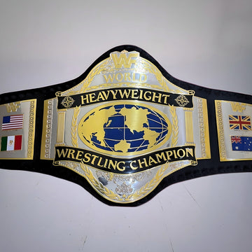 Front view of the 1986 Hulk Hogan heavyweight belt featuring the classic WWF world title design.