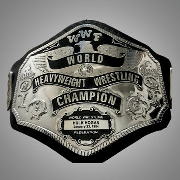 Hulk Hogan’s 1985 WWF Championship with strap and all plates displayed.