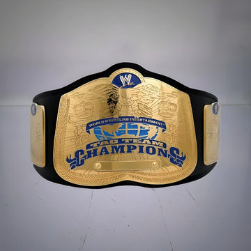 WWE SmackDown Tag Team Championship Belt with gold plates and blue accents.