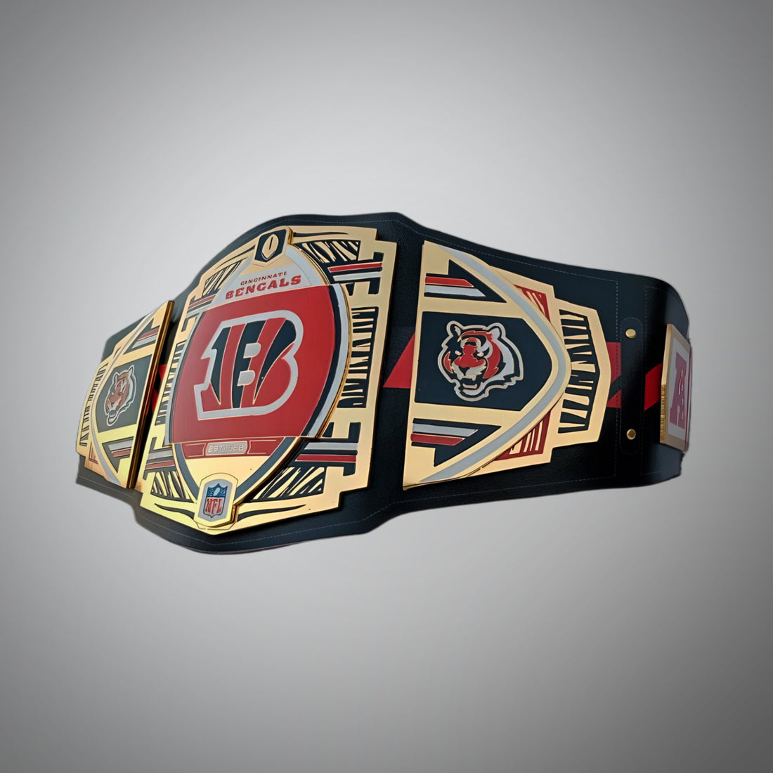 This image showcases the front view of the Cincinnati Bengals NFL Legacy Championship Belt, highlighting its design and quality craftsman