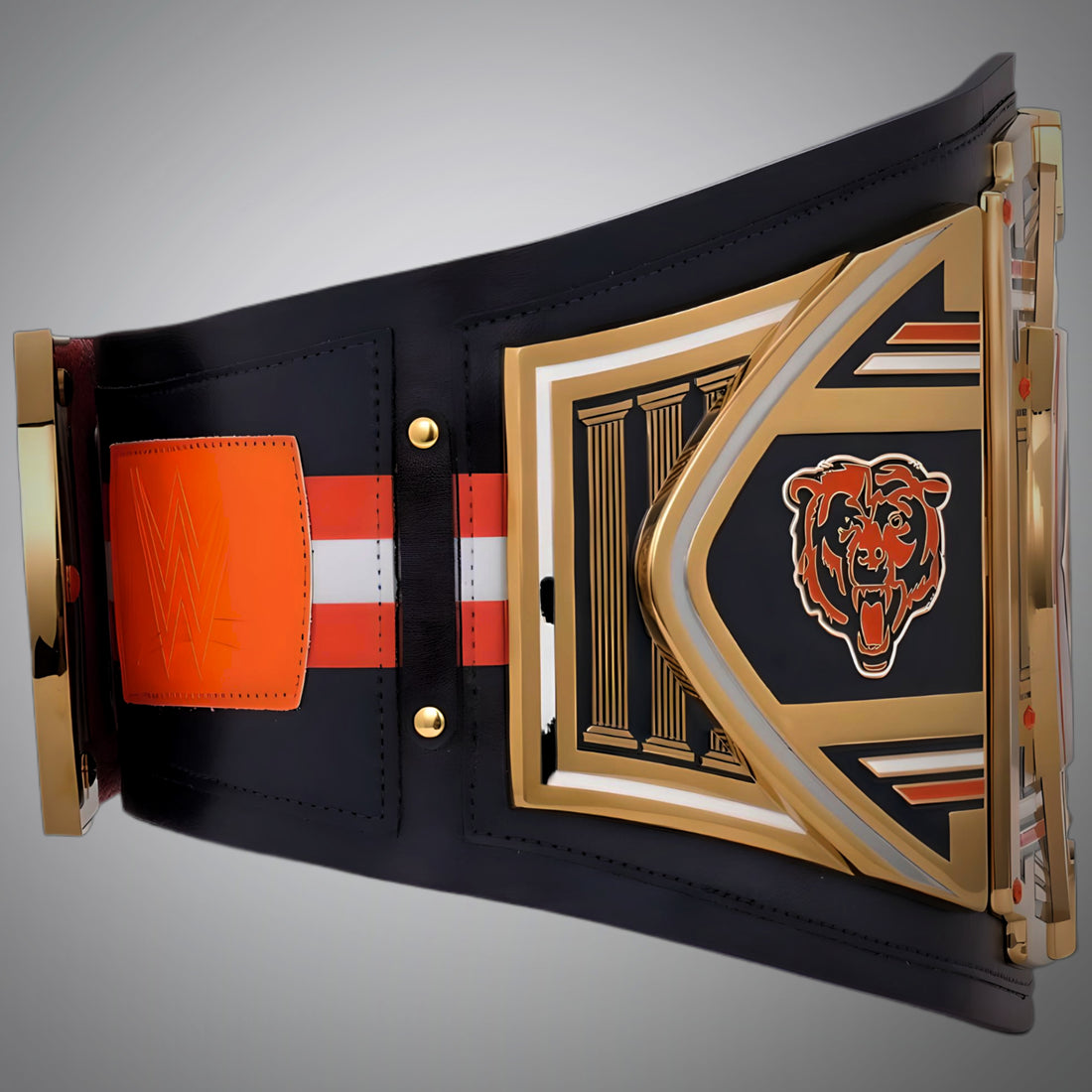 This image showcases the front view of the Chicago Bears NFL Belt Legacy Championship Replica Football Title, offering a detailed look at its design and quality craftsmanship. Perfect for fans looking to support the Bears in style.