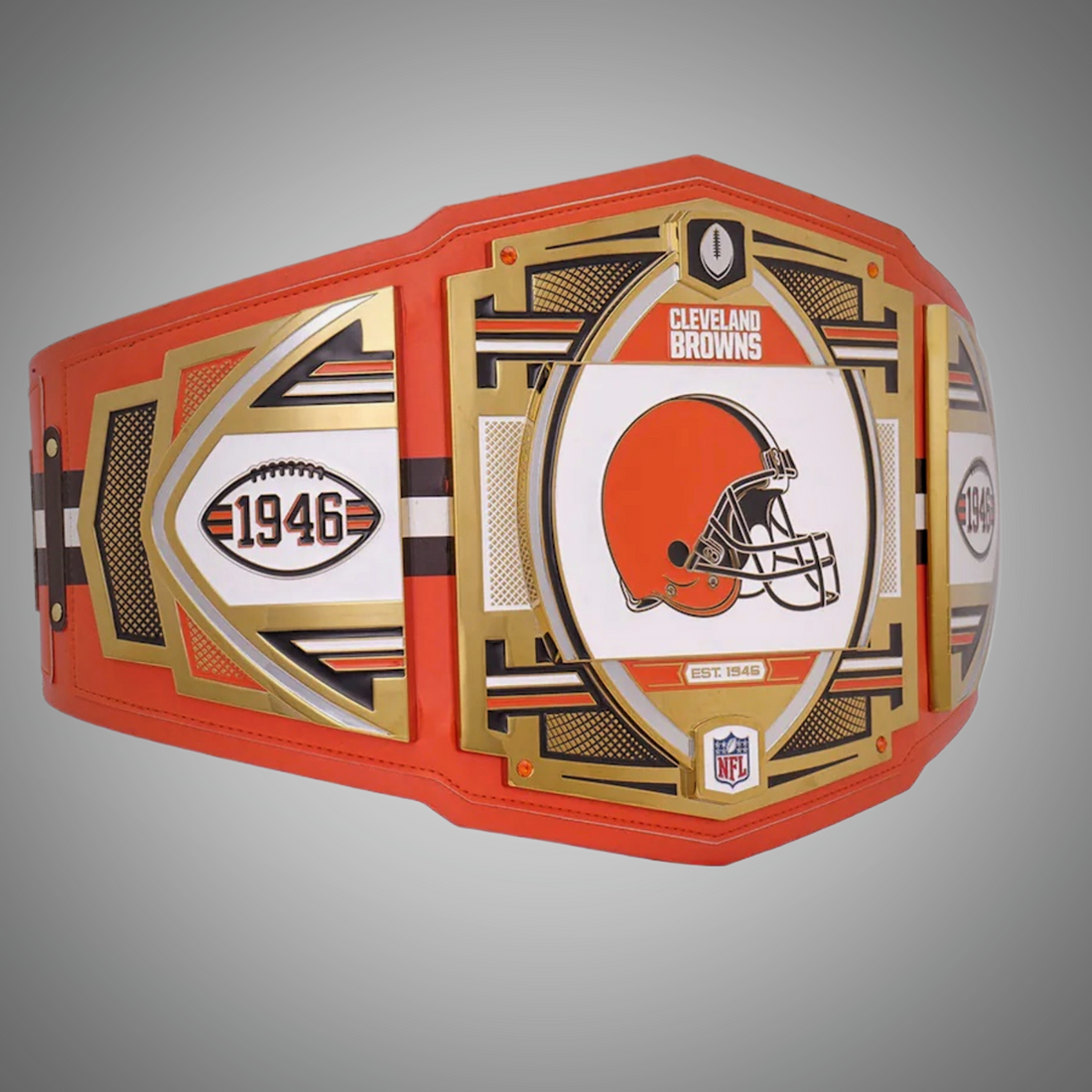 This image showcases the front view of the Cleveland Browns NFL Legacy Replica Championship Title Belt, designed in adult size. It's a premium collectible for Browns fans, representing the team's championship legacy.