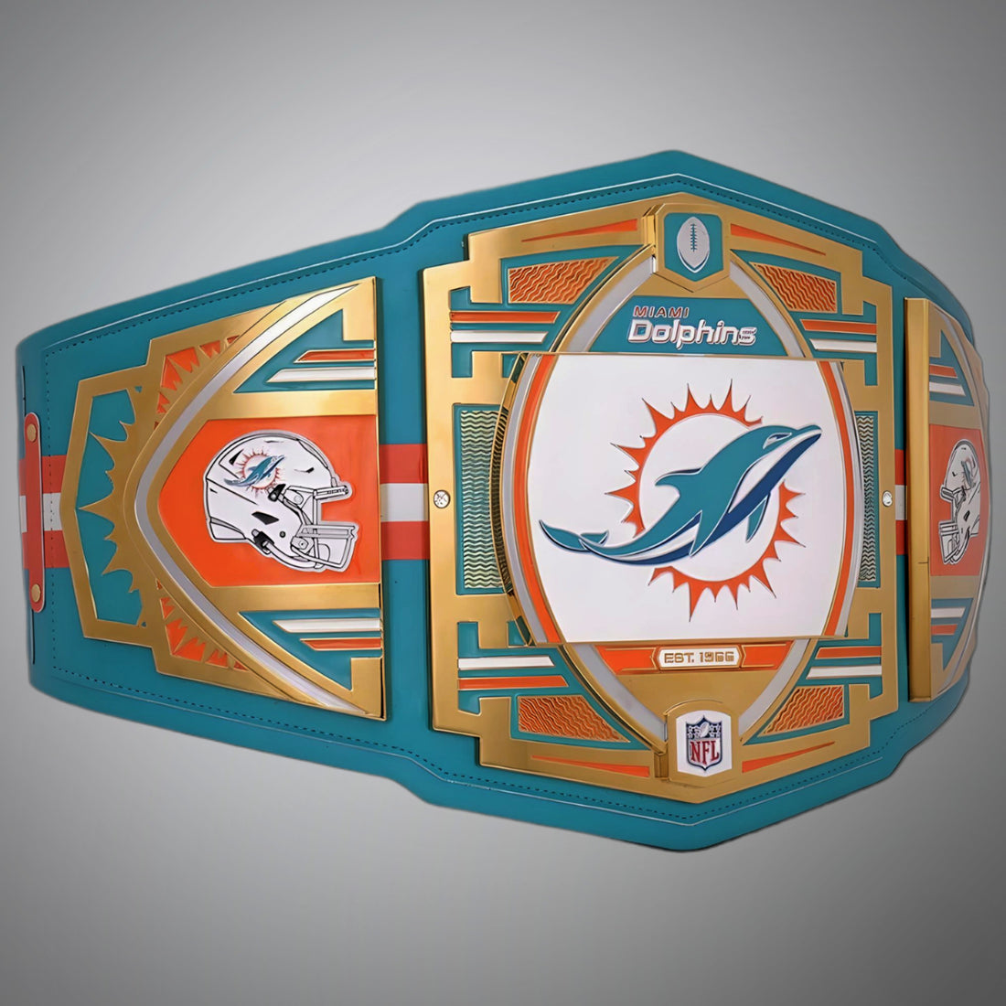 This image showcases the front view of the Miami Dolphins NFL Legacy Championship Replica Title Belt in Adult Size 4mm, providing a detailed look at its design and quality craftsmanship. Perfect for fans looking to support the Dolphins in style.