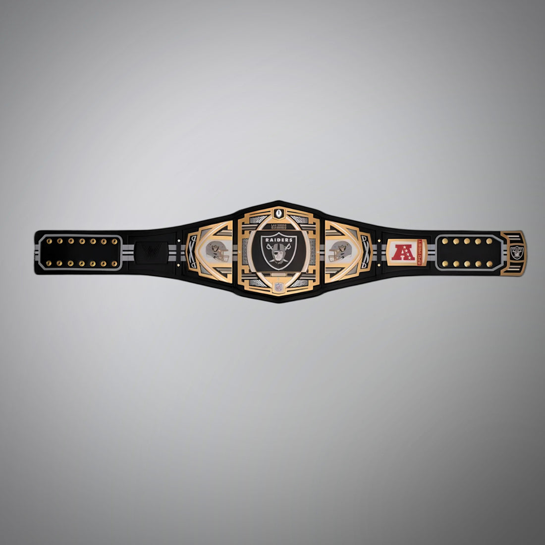 This image showcases the front view of the Las Vegas Raiders Championship Belt NFL Legacy Replica, providing a comprehensive look at its design and quality craftsmanship. Perfect for fans looking to support the Raiders in style.