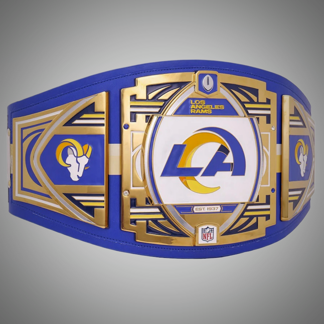 This image showcases the front view of the Los Angeles Rams NFL Legacy Championship Title Belt, crafted in adult size. A perfect accessory for Rams fans and collectors, capturing the essence of the team's legacy.