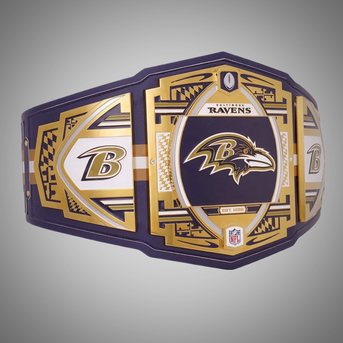 This image showcases the front view of the Baltimore Ravens NFL Championship Legacy Title Belt, designed for adults with a 4mm thickness. It's a premium collectible for Ravens fans, representing the team's championship legacy.