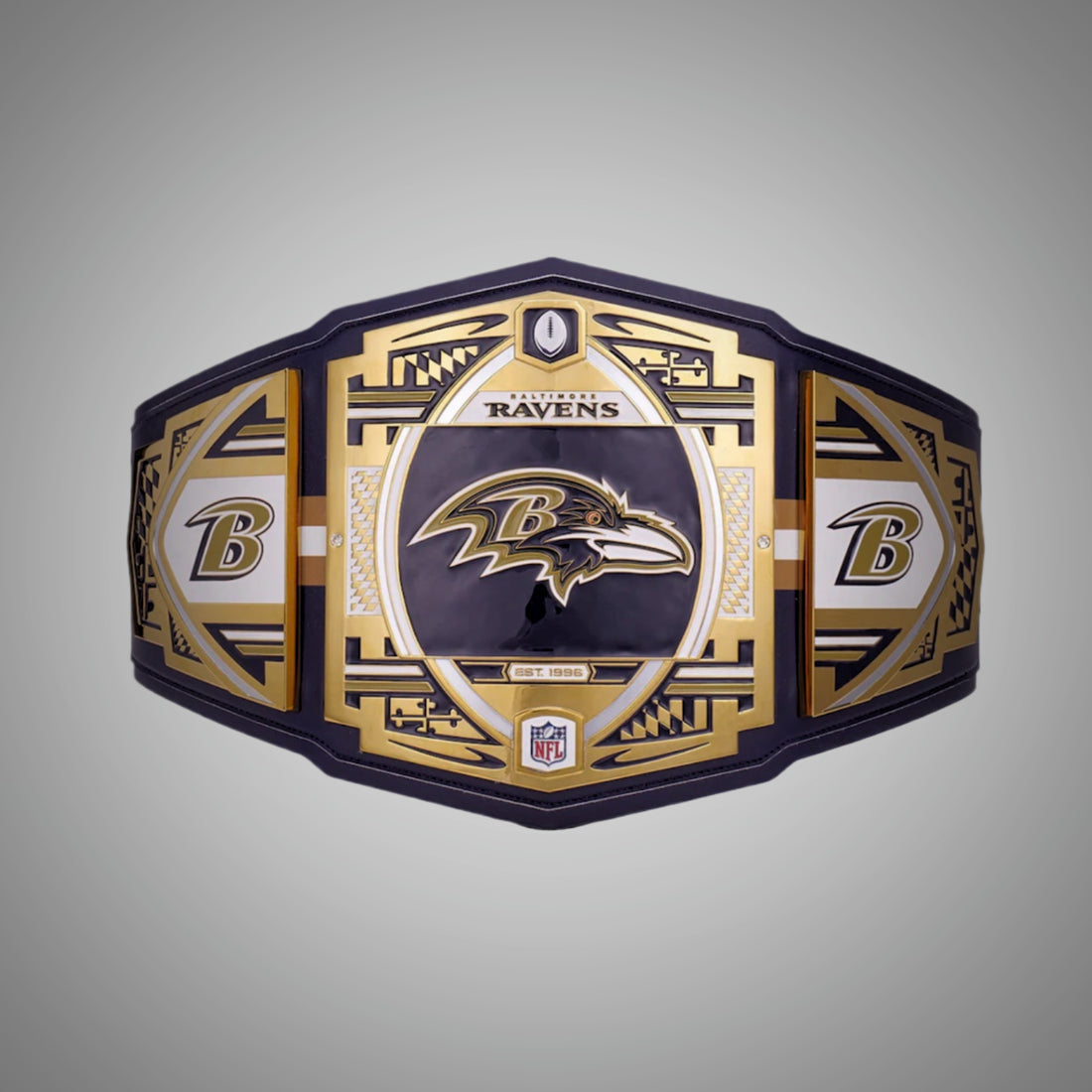 This image showcases the front view of the Baltimore Ravens NFL Championship Legacy Title Belt, designed for adults with a 4mm thickness. It's a premium collectible for Ravens fans, representing the team's championship legacy.