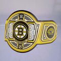 Close-up of the Boston Bruins WWE Championship Belt, showcasing black and gold accents.