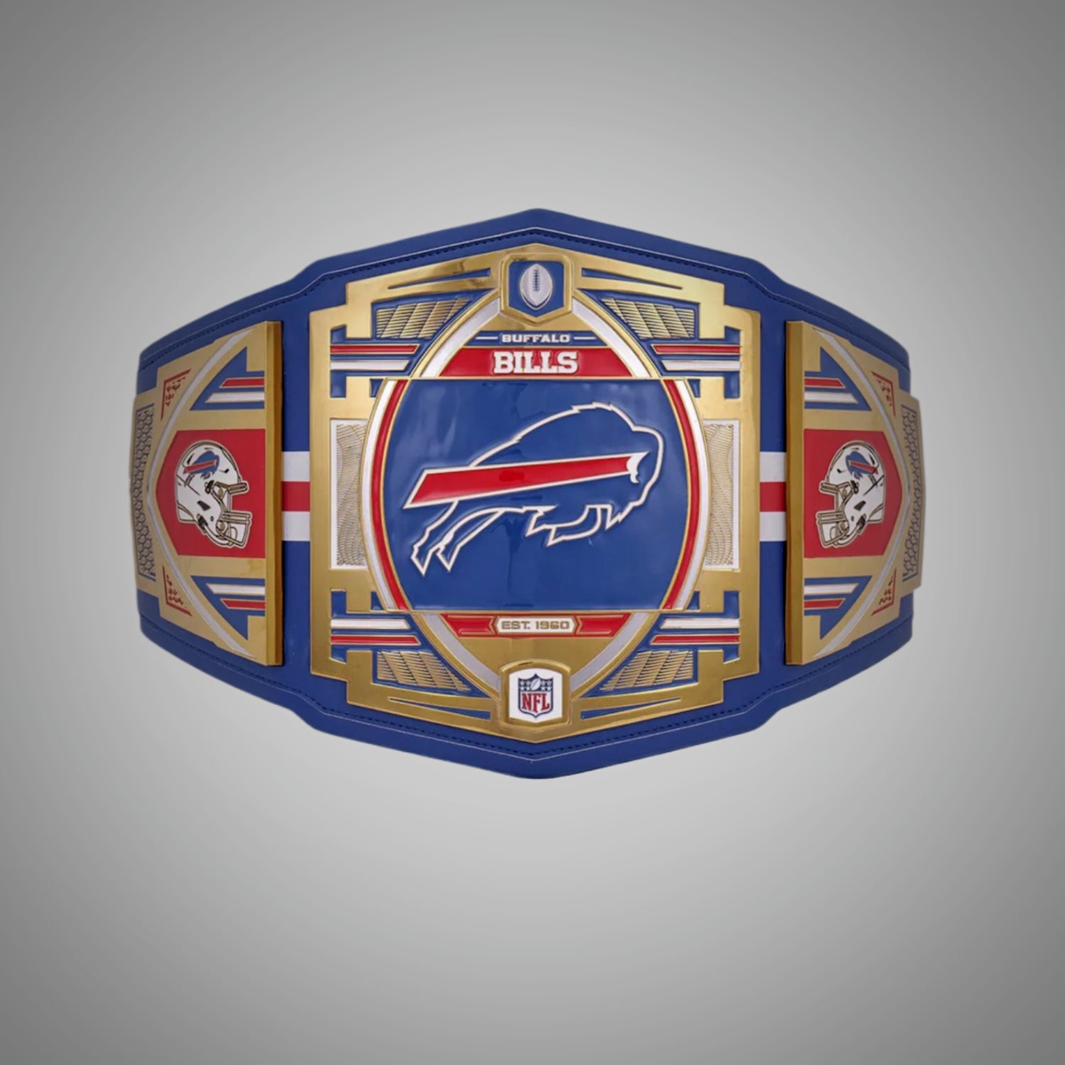 Front view of the Buffalo Bills Legacy Replica NFL Championship Title Belt in Adult Size 4mm. Enhance your collection with this high-quality replica of the Bills' iconic championship belt.