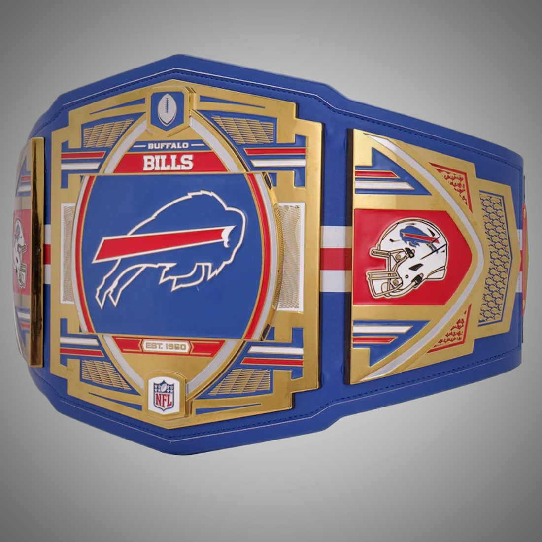 Front view of the Buffalo Bills Legacy Replica NFL Championship Title Belt in Adult Size 4mm. Enhance your collection with this high-quality replica of the Bills' iconic championship belt.