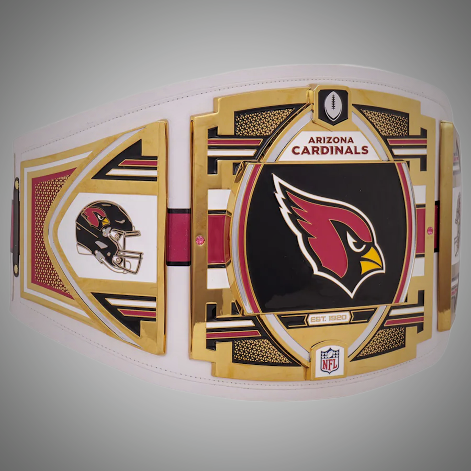 Close-up of the Arizona Cardinals WWE Championship Belt, showcasing team colors and logo details.