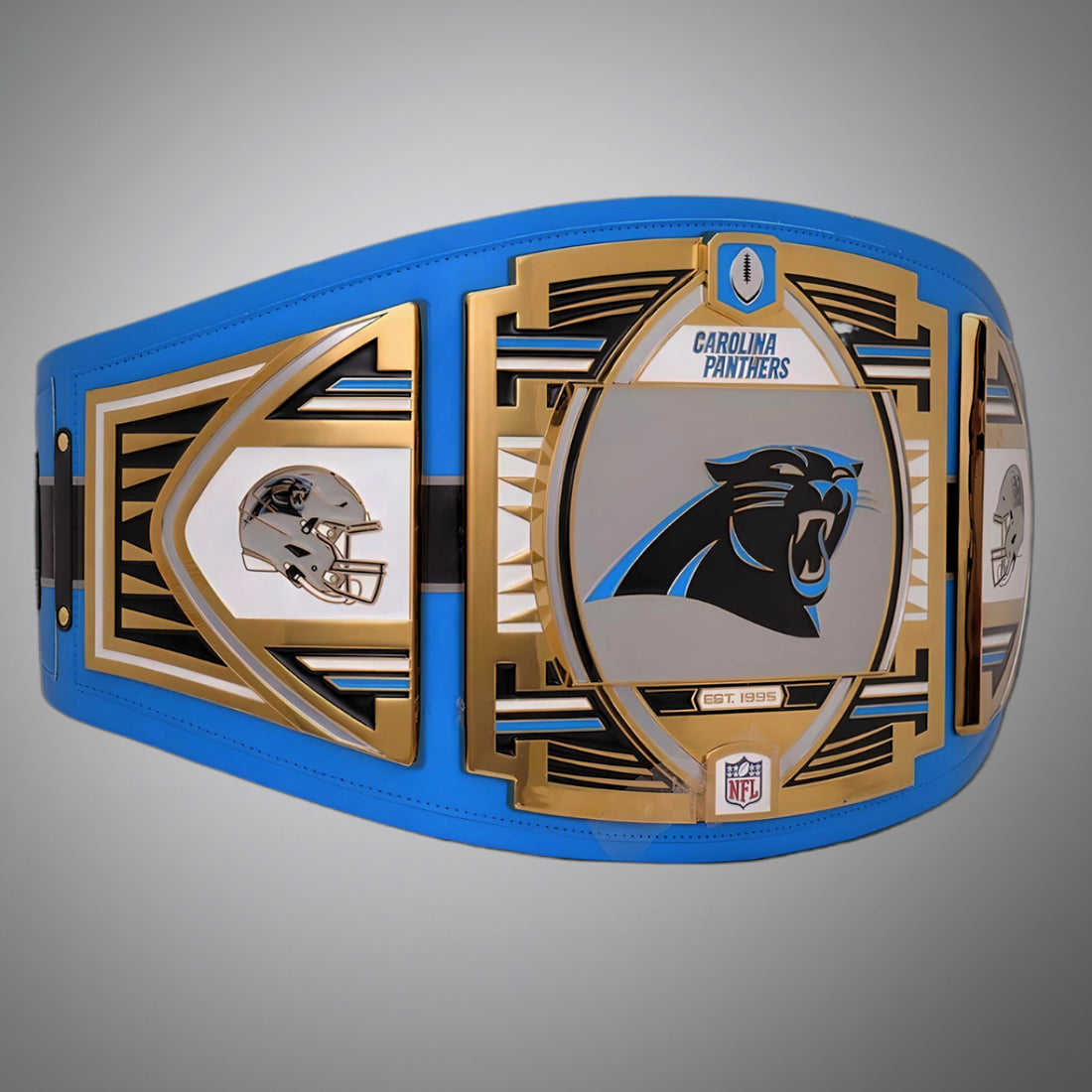 This image showcases the front view of the Carolina Panthers NFL Championship Legacy Replica Title Belt in Adult Size 4mm, providing a detailed look at its design and quality craftsmanship. Perfect for fans looking to support the Panthers in style.