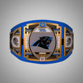 This image showcases the front view of the Carolina Panthers NFL Championship Legacy Replica Title Belt in Adult Size 4mm, providing a detailed look at its design and quality craftsmanship. Perfect for fans looking to support the Panthers in style.