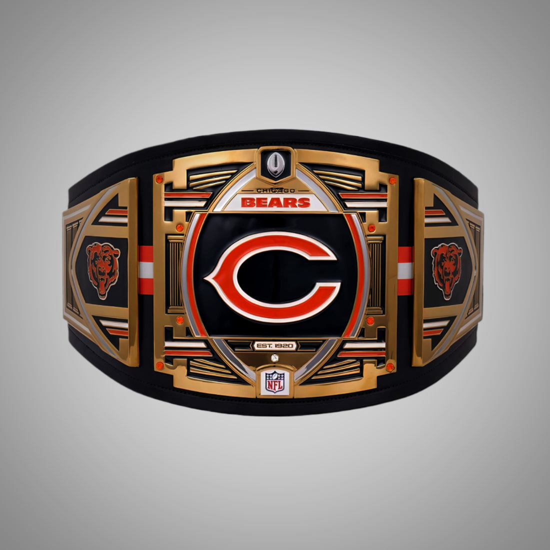 This image showcases the front view of the Chicago Bears NFL Belt Legacy Championship Replica Football Title, offering a detailed look at its design and quality craftsmanship. Perfect for fans looking to support the Bears in style.