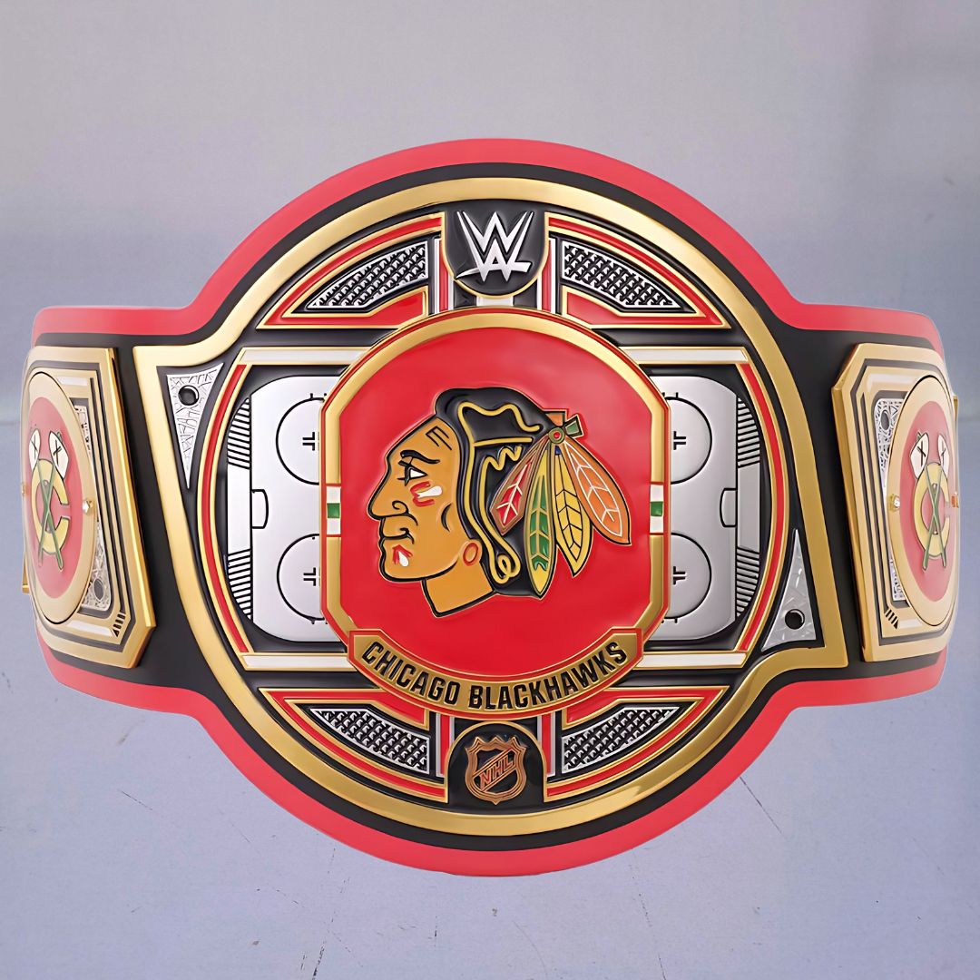 Chicago Blackhawks WWE NHL Championship Belt featuring the team's logo and colors.