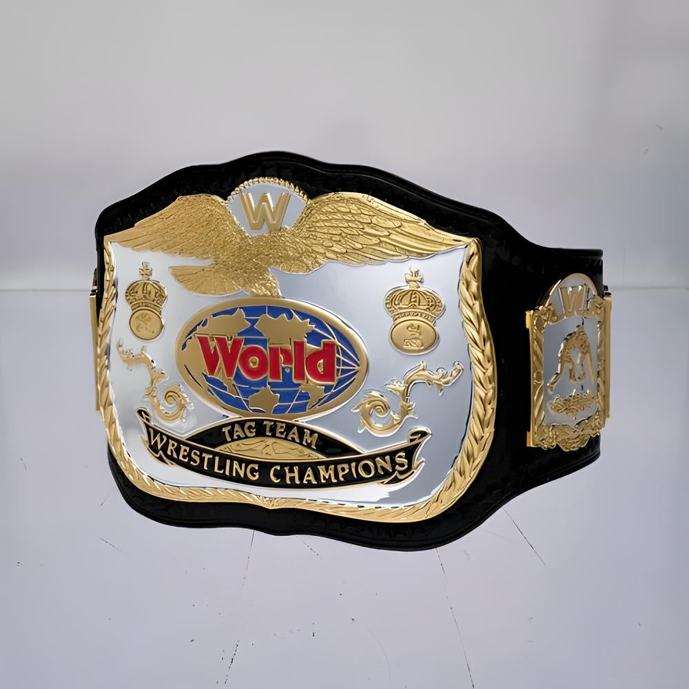 WWE Tag Team Championship Belt Classic design close-up side view. 