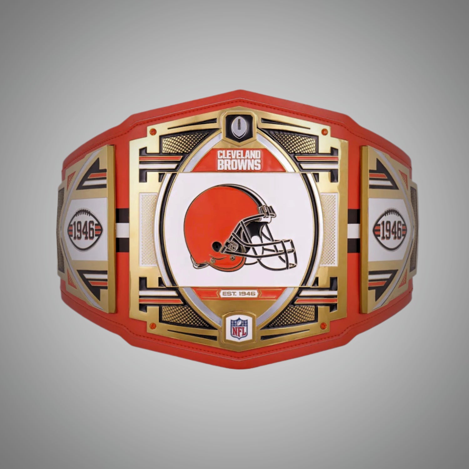 This image showcases the front view of the Cleveland Browns NFL Legacy Replica Championship Title Belt, designed in adult size. It's a premium collectible for Browns fans, representing the team's championship legacy.