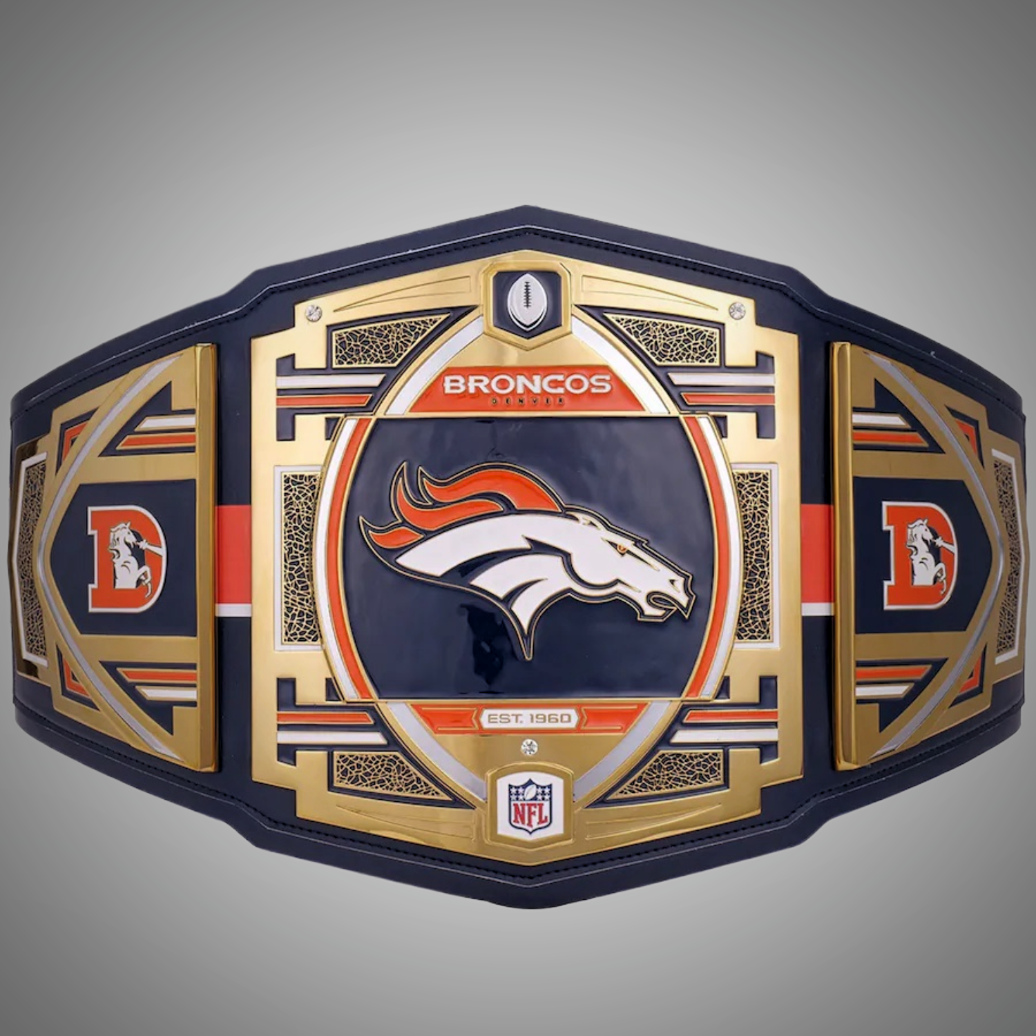 WWE-style championship belt customized for the Denver Broncos, highlighting the team's iconic branding.