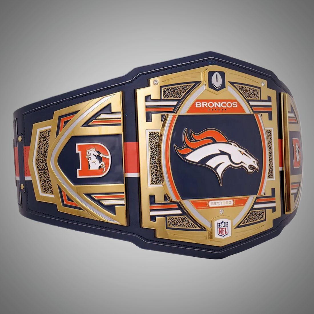 Denver Broncos Championship Belt featuring WWE and NFL Legacy Title design.