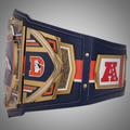 Denver Broncos NFL Legacy Title belt displayed on a wooden surface, symbolizing the team's history.