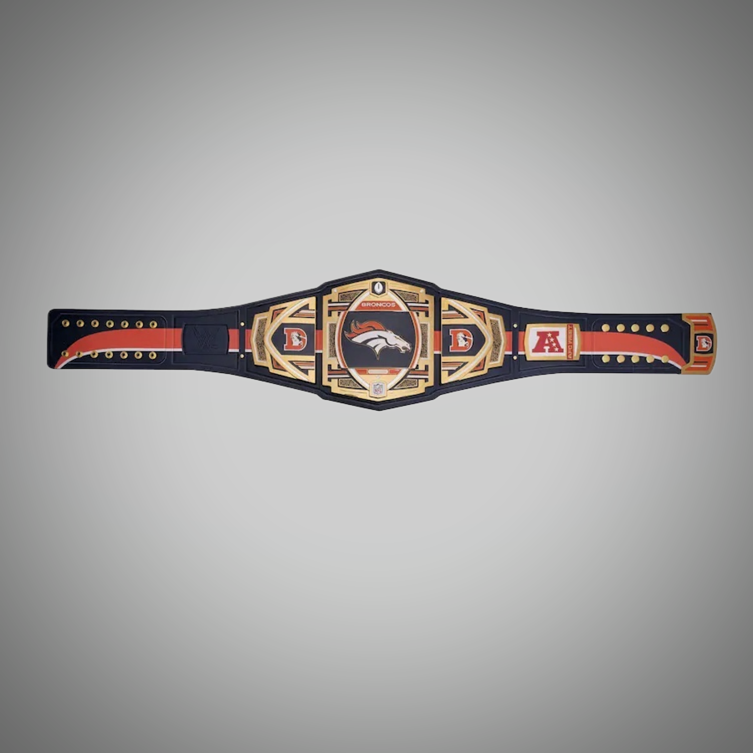 Championship belt honoring the Denver Broncos, blending elements of wrestling and football heritage.