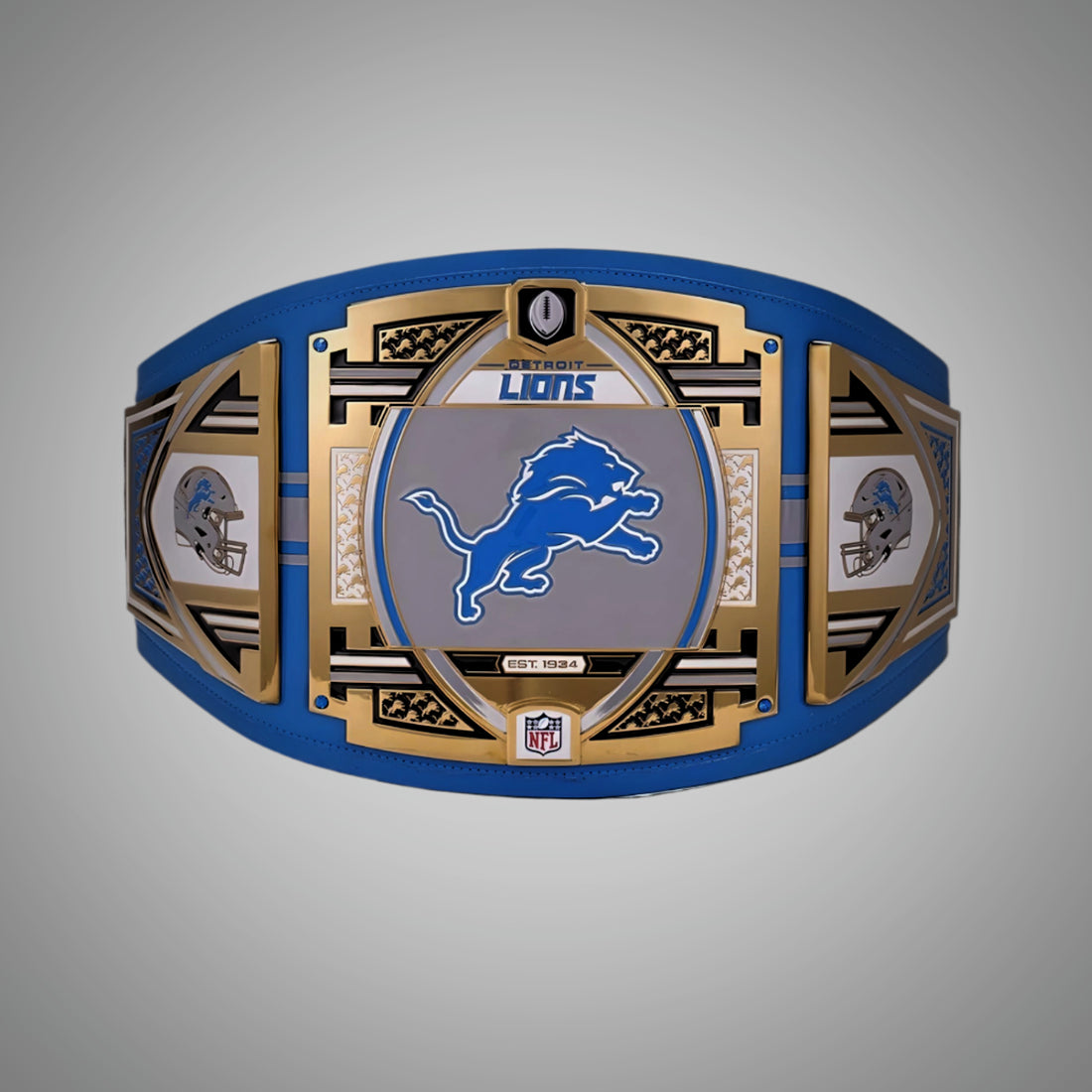 This image showcases the front view of the Detroit Lions Championship Belt NFL Legacy Replica Title Belt Adult Size, providing a comprehensive look at its design and quality craftsmanship. Perfect for fans looking to support the Lions in style.