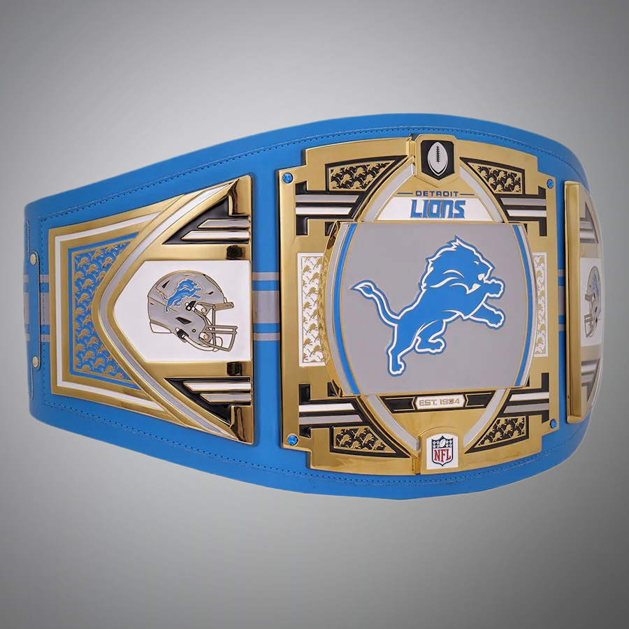 This image showcases the front view of the Detroit Lions Championship Belt NFL Legacy Replica Title Belt Adult Size, providing a comprehensive look at its design and quality craftsmanship. Perfect for fans looking to support the Lions in style.