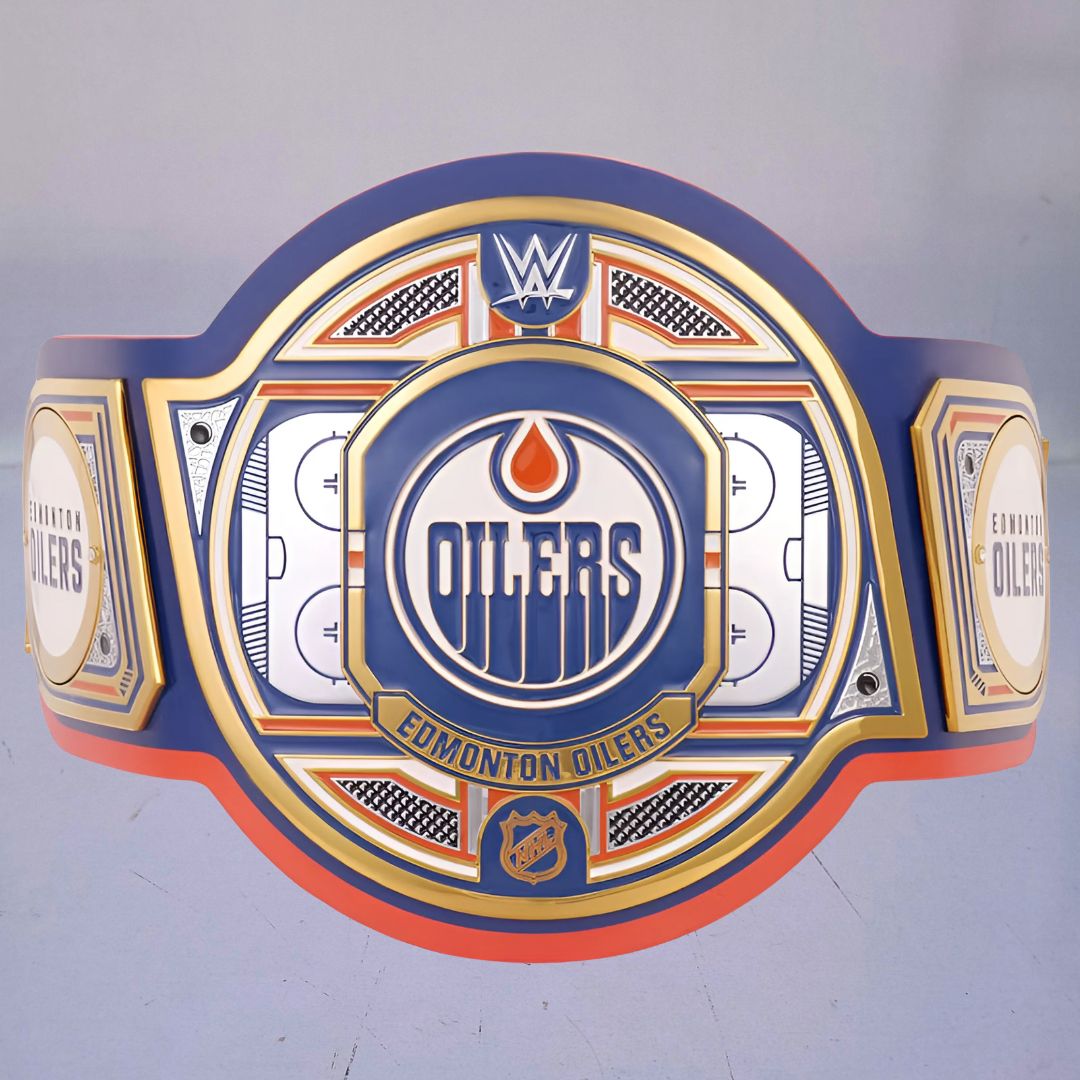 Edmonton Oilers WWE NHL Belt featuring the team's logo and colors.