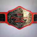 Hulk Hogan’s 1984 WWF Championship Belt with red nickel strap and bold classic design.