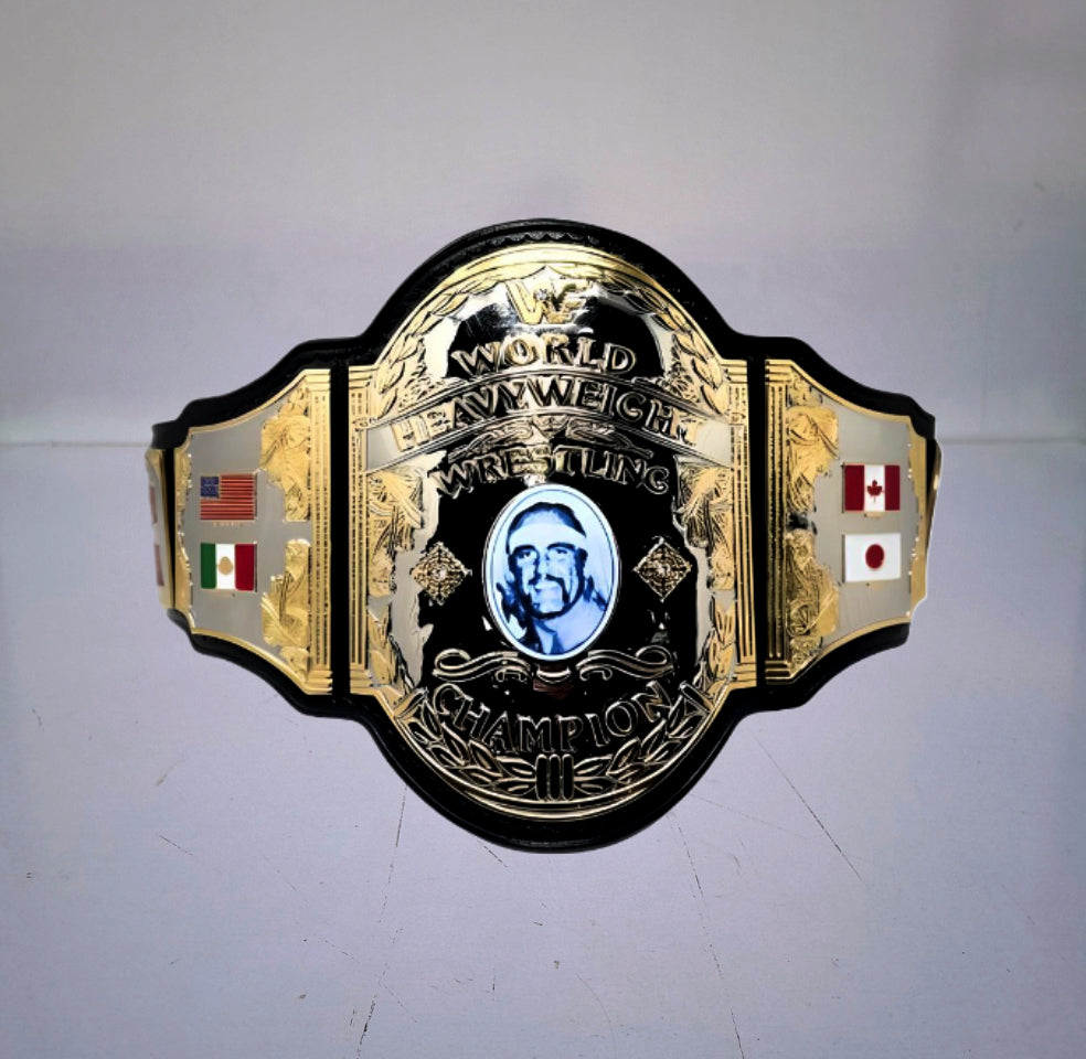 Hulk Hogan Mystery Belt – 1986 WWF heavyweight title with bold design, perfect for collectors of rare wrestling memorabilia.