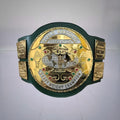 Front view of the iconic 1980s WWF Championship Belt with green strap, famously held by Hulk Hogan during his early title reign.