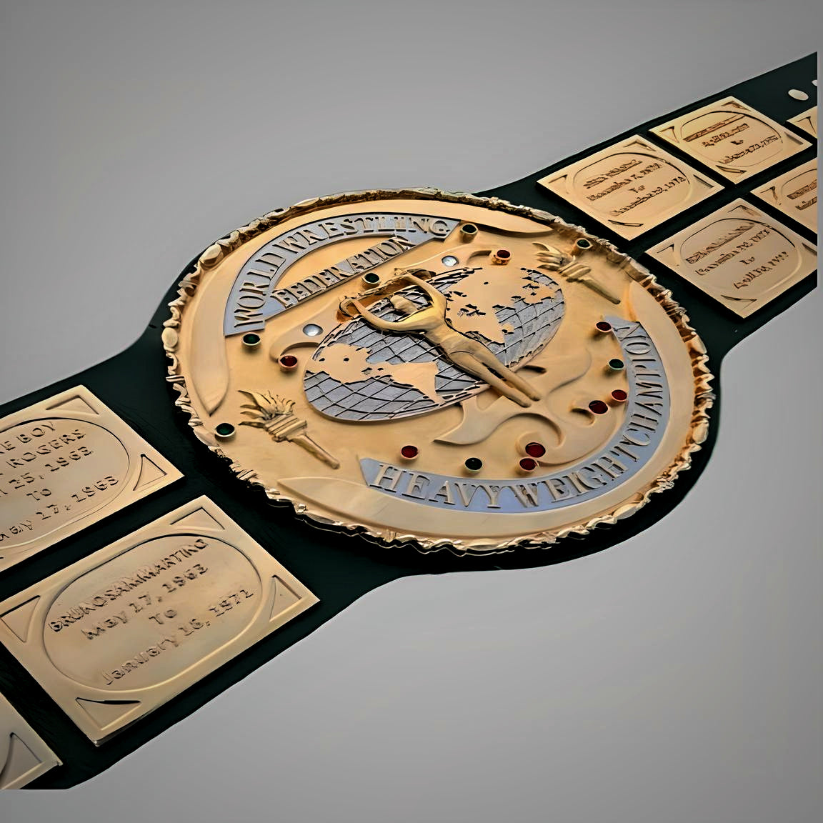 Side profile of the vintage WWF Championship Belt showing the green strap and golden side plates in sharp detail.
