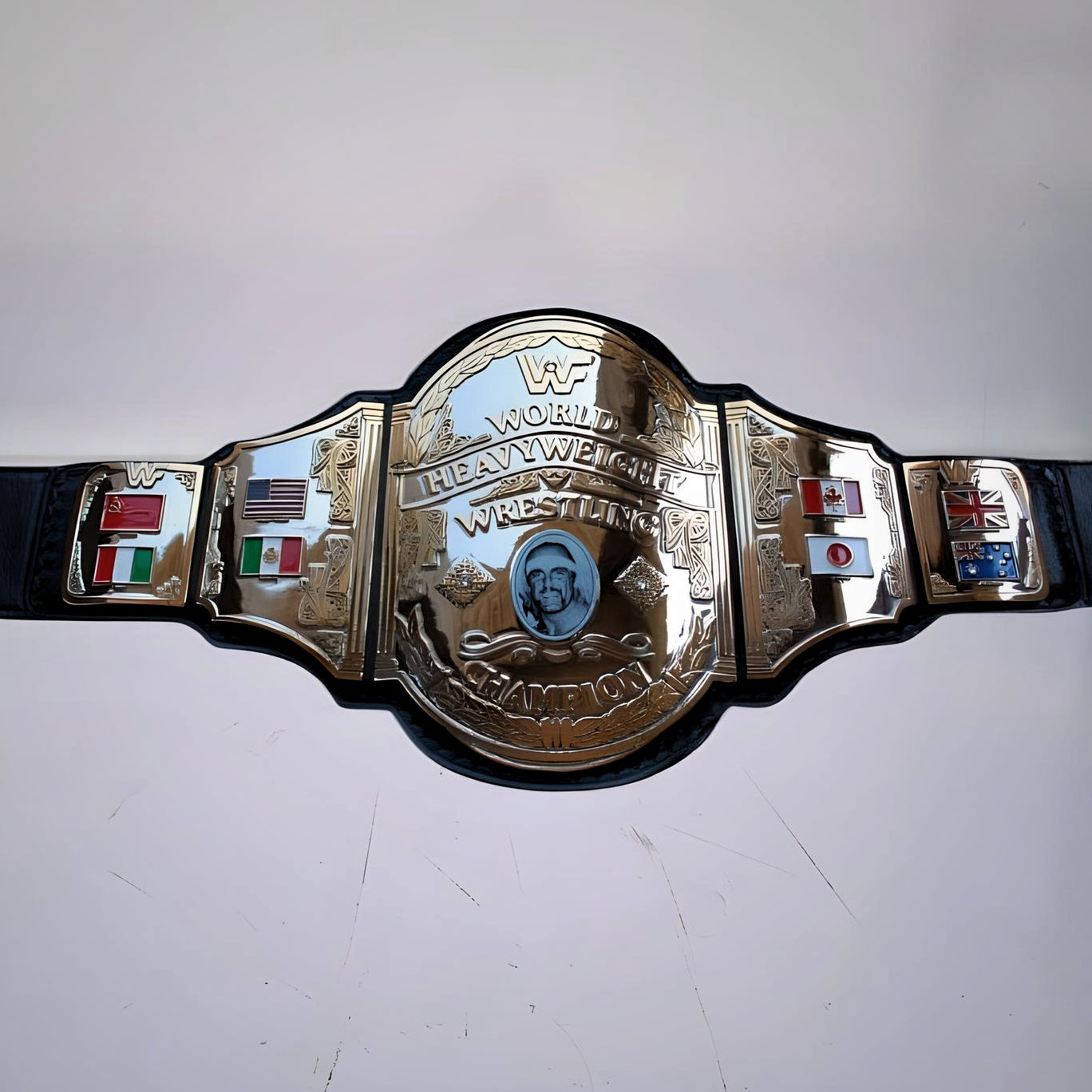 WWF 1986 heavyweight belt known as the Hulk Hogan mystery title – vintage look with iconic wrestling history.