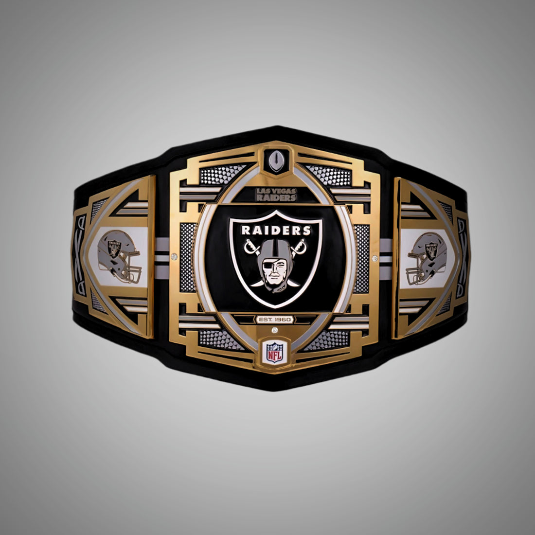 This image showcases the front view of the Las Vegas Raiders Championship Belt NFL Legacy Replica, providing a comprehensive look at its design and quality craftsmanship. Perfect for fans looking to support the Raiders in style.