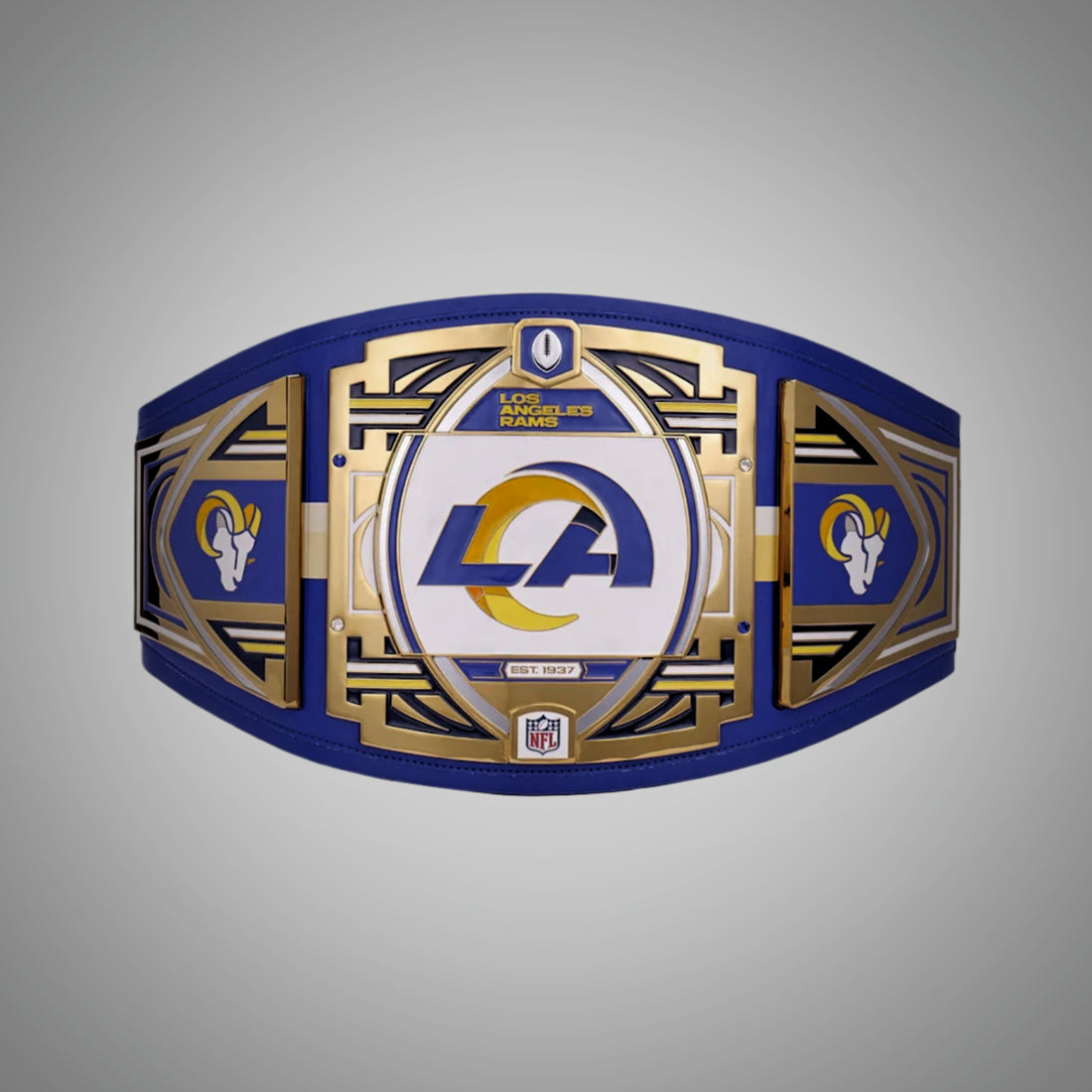 This image showcases the front view of the Los Angeles Rams NFL Legacy Championship Title Belt, crafted in adult size. A perfect accessory for Rams fans and collectors, capturing the essence of the team's legacy.