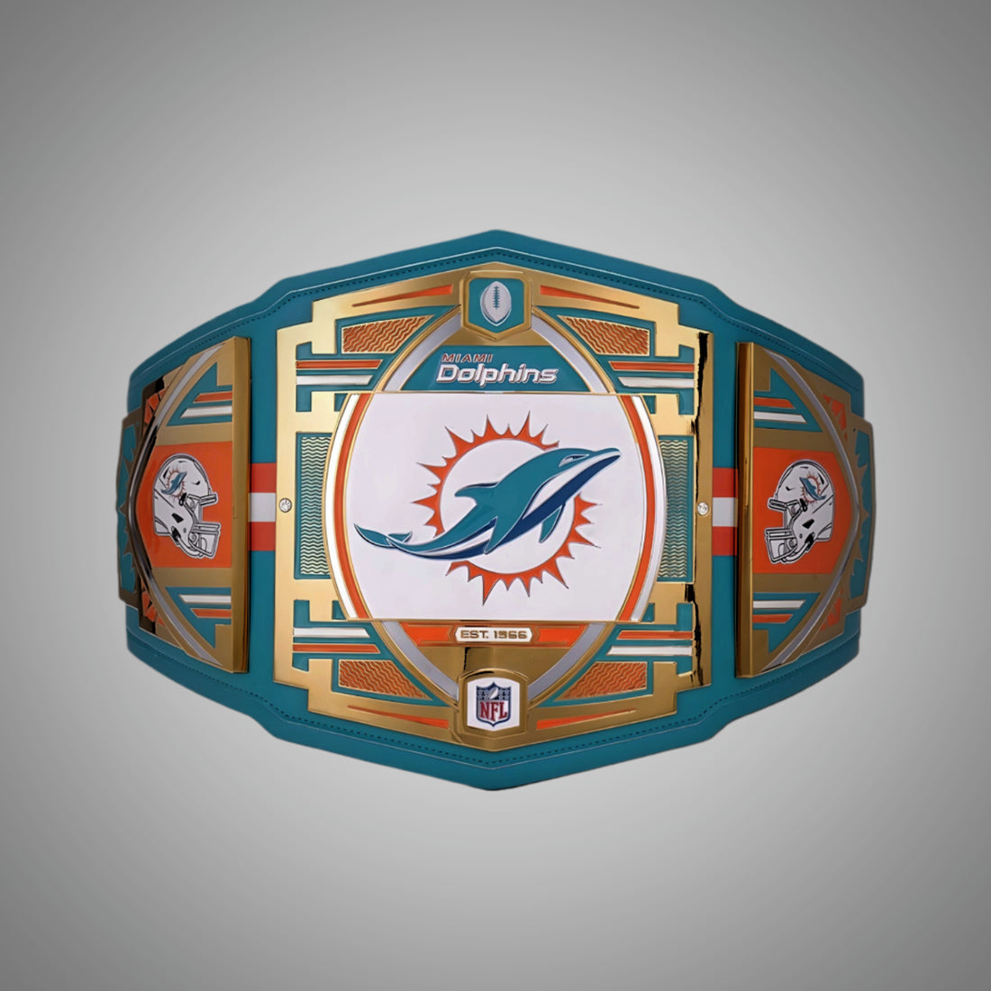 This image showcases the front view of the Miami Dolphins NFL Legacy Championship Replica Title Belt in Adult Size 4mm, providing a detailed look at its design and quality craftsmanship. Perfect for fans looking to support the Dolphins in style.