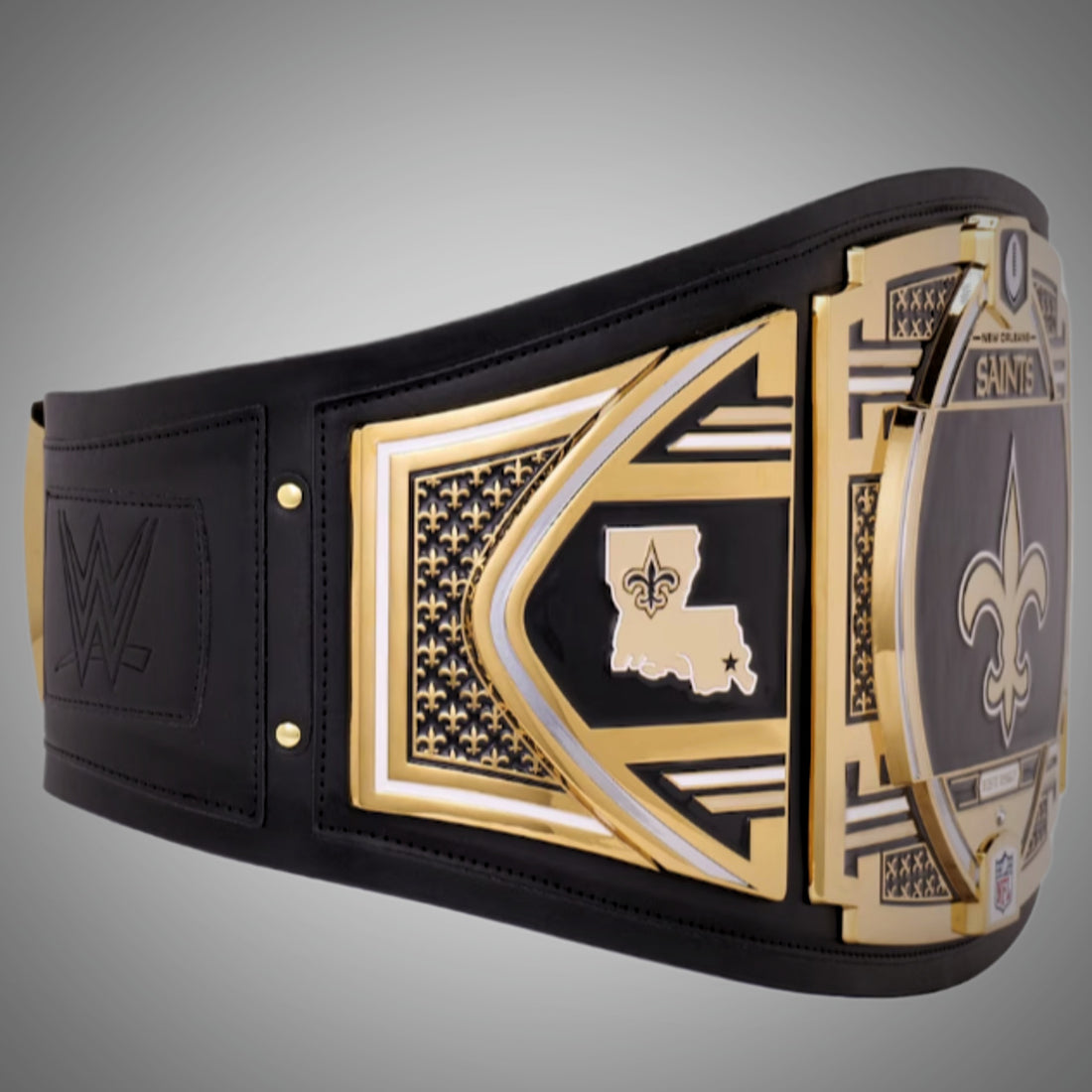 This image showcases the front view of the New Orleans Saints NFL Championship Legacy Replica Title Belt in Adult Size 4mm, providing a detailed look at its design and quality craftsmanship. Perfect for fans looking to support the Saints in style.