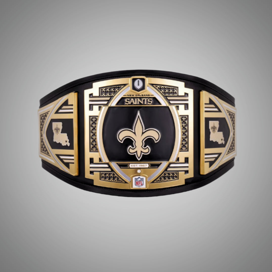 This image showcases the front view of the New Orleans Saints NFL Championship Legacy Replica Title Belt in Adult Size 4mm, providing a detailed look at its design and quality craftsmanship. Perfect for fans looking to support the Saints in style.