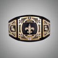 This image showcases the front view of the New Orleans Saints NFL Championship Legacy Replica Title Belt in Adult Size 4mm, providing a detailed look at its design and quality craftsmanship. Perfect for fans looking to support the Saints in style.