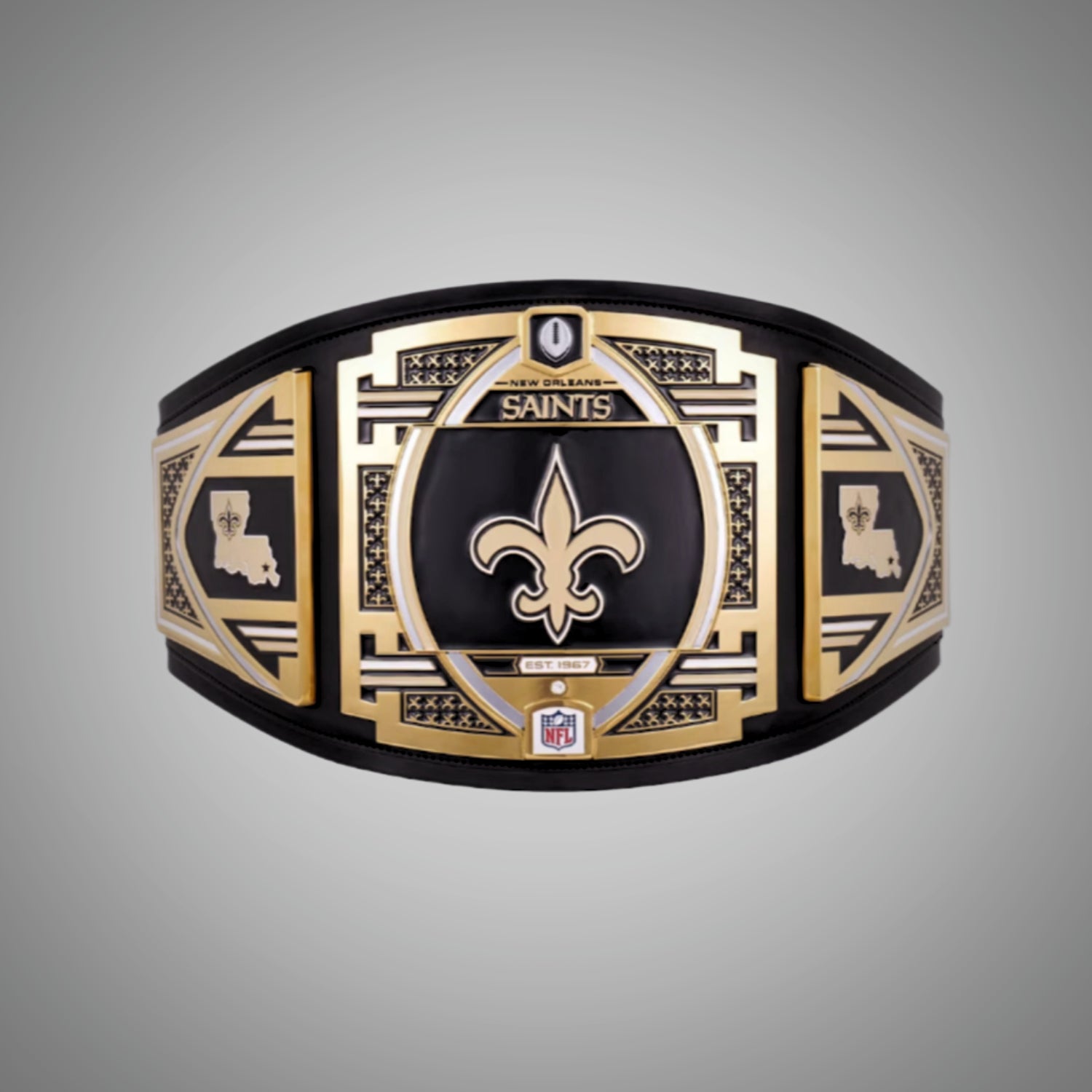 This image showcases the front view of the New Orleans Saints NFL Championship Legacy Replica Title Belt in Adult Size 4mm, providing a detailed look at its design and quality craftsmanship. Perfect for fans looking to support the Saints in style.