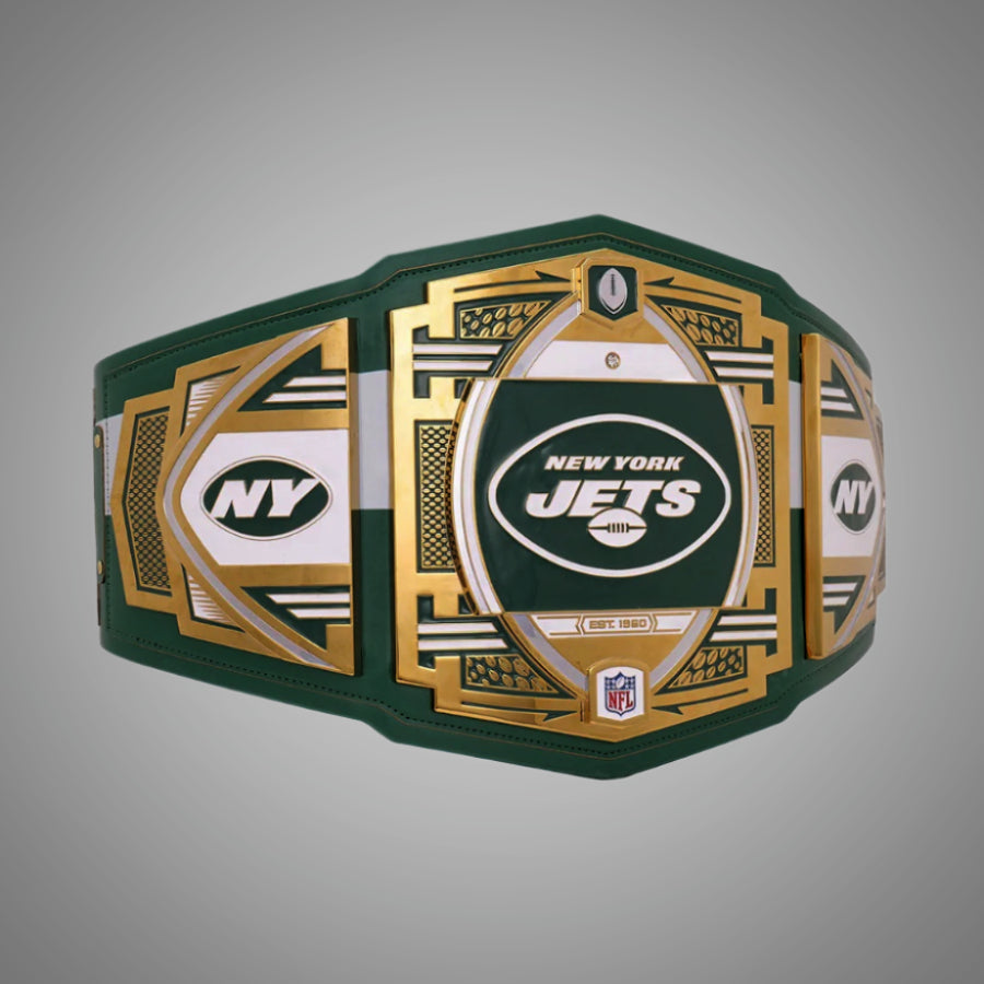 Explore the front view of the New York Jets NFL Legacy Belt Championship Title Adult Size, a must-have for any football enthusiast.