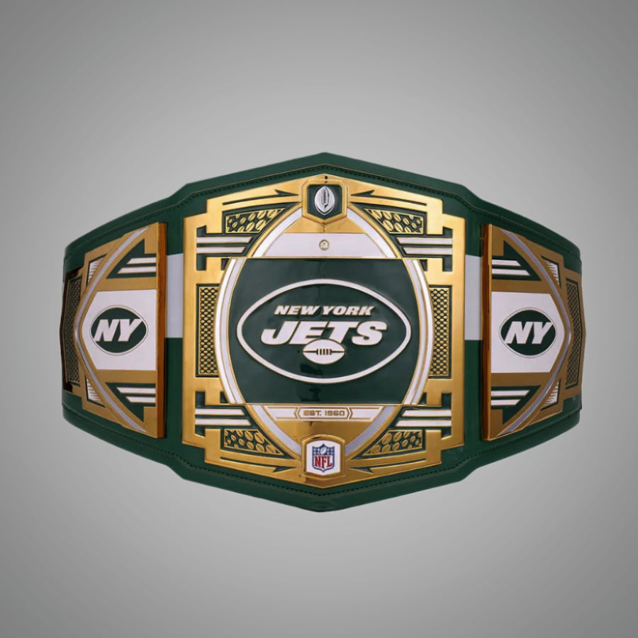 Explore the front view of the New York Jets NFL Legacy Belt Championship Title Adult Size, a must-have for any football enthusiast.