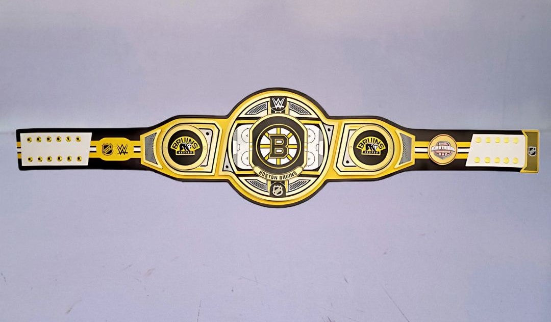 Boston Bruins NHL Legacy Championship Title belt displayed prominently, representing team pride.