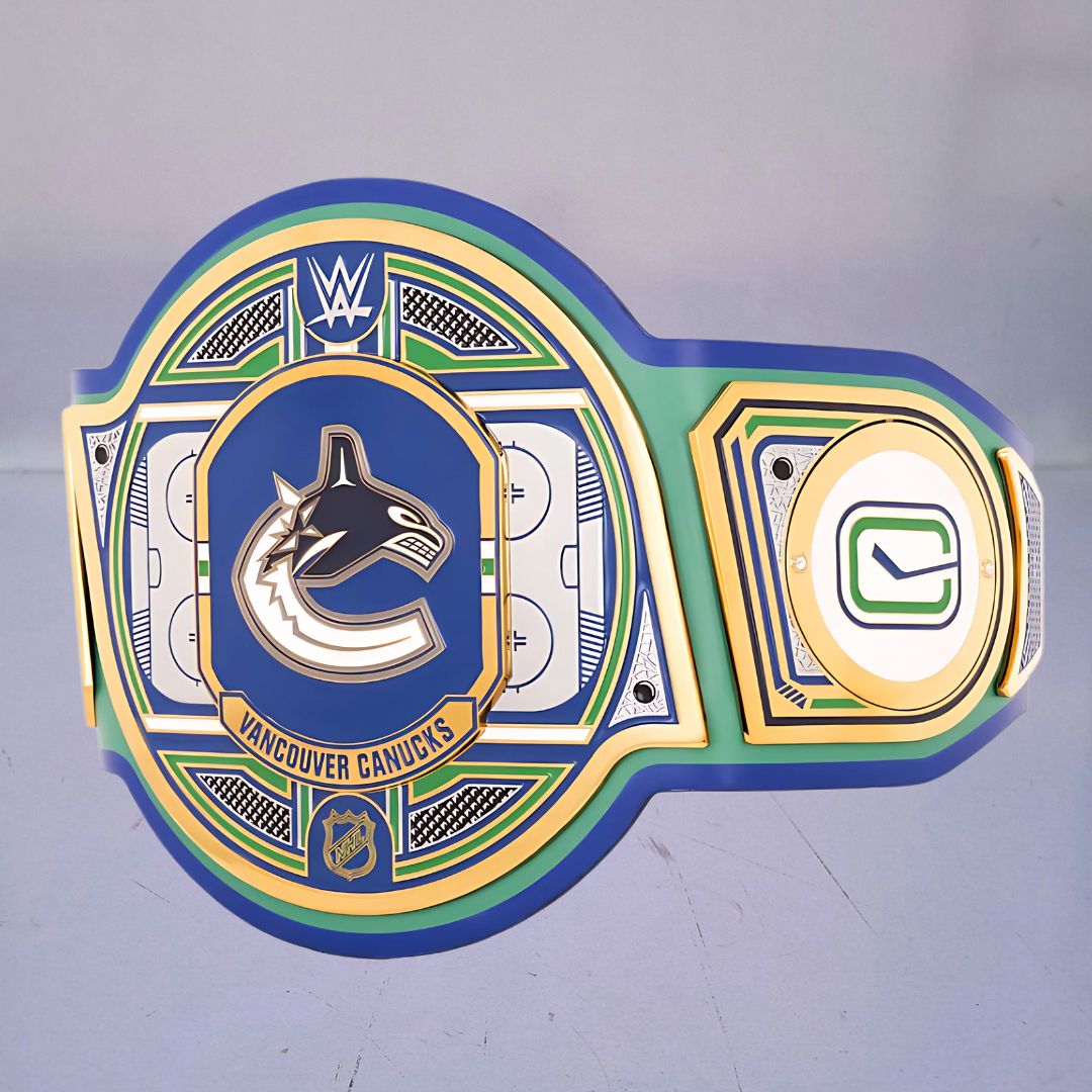 Vancouver Canucks WWE NHL Belt featuring the team's logo and colors.