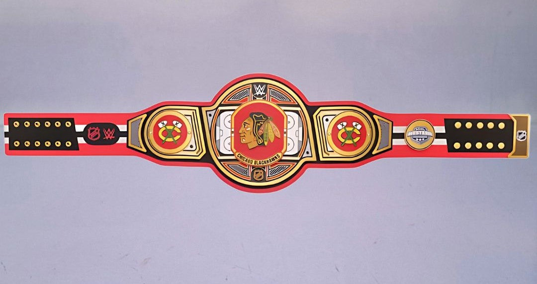 Chicago Blackhawks NHL Legacy Edition belt displayed prominently, symbolizing team pride.