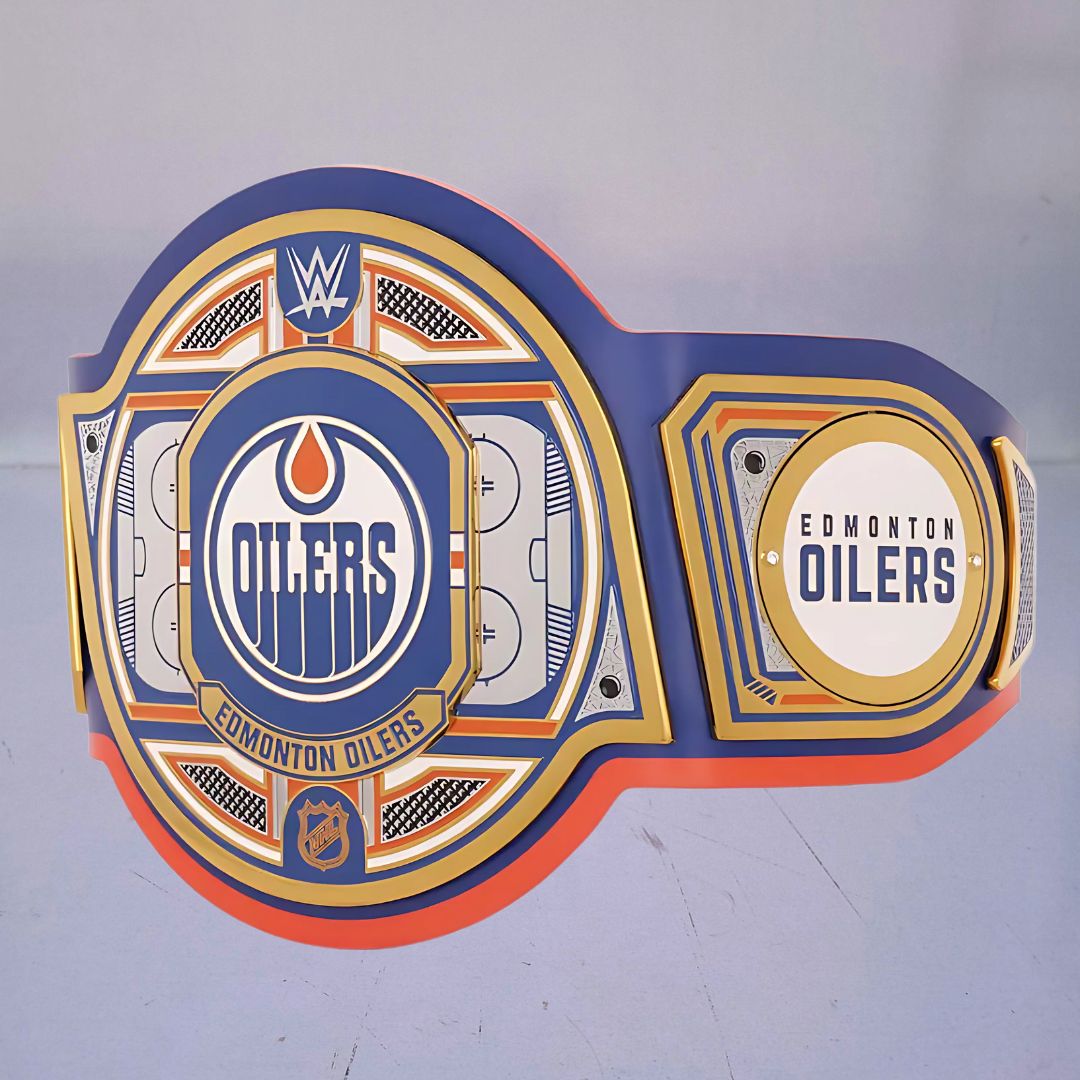 Edmonton Oilers WWE NHL Belt featuring the team's logo and colors.