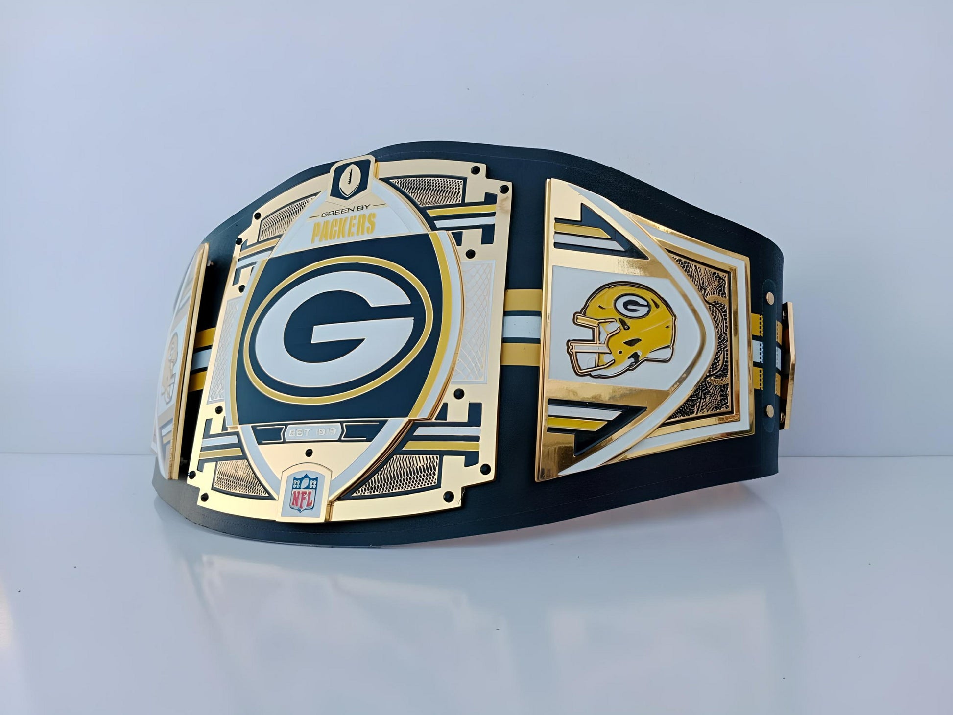 Green Bay Packers WWE-style belt showcasing championship legacy branding.