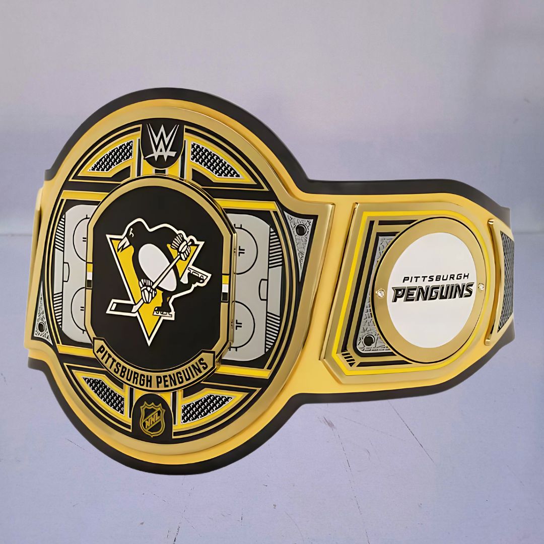 Pittsburgh Penguins WWE NHL Legacy Belt featuring the team's logo and colors.