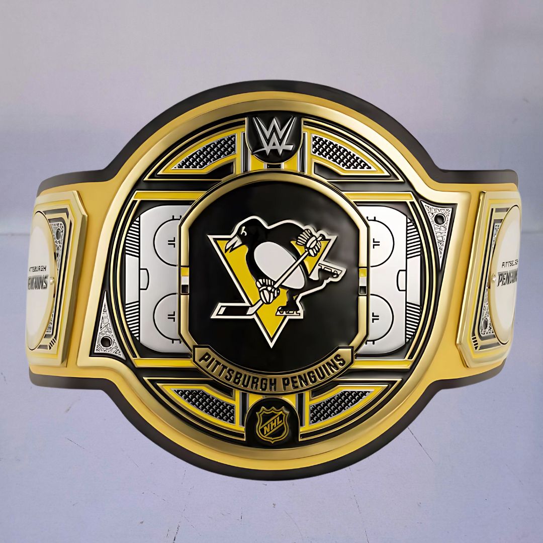 Pittsburgh Penguins WWE NHL Legacy Belt featuring the team's logo and colors.