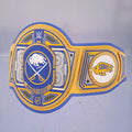 Close-up of the Buffalo Sabres WWE Championship Belt, showcasing blue and gold accents.